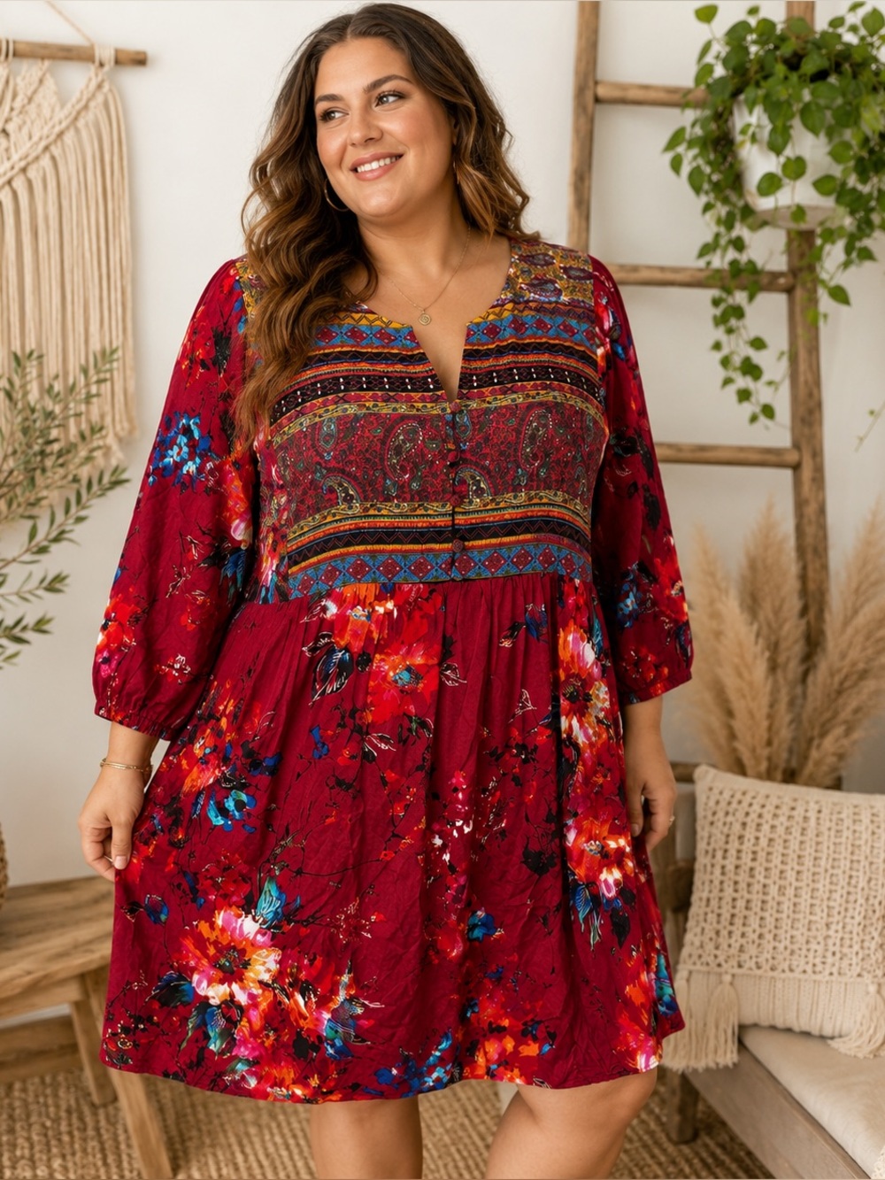 NWT Umgee+ XL Boho Floral Paisley Babydoll Tunic Dress Burgundy Cottagecore